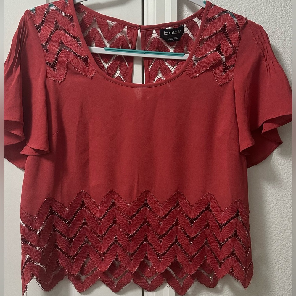 Bebe Crimson Chevron Lace Blouse